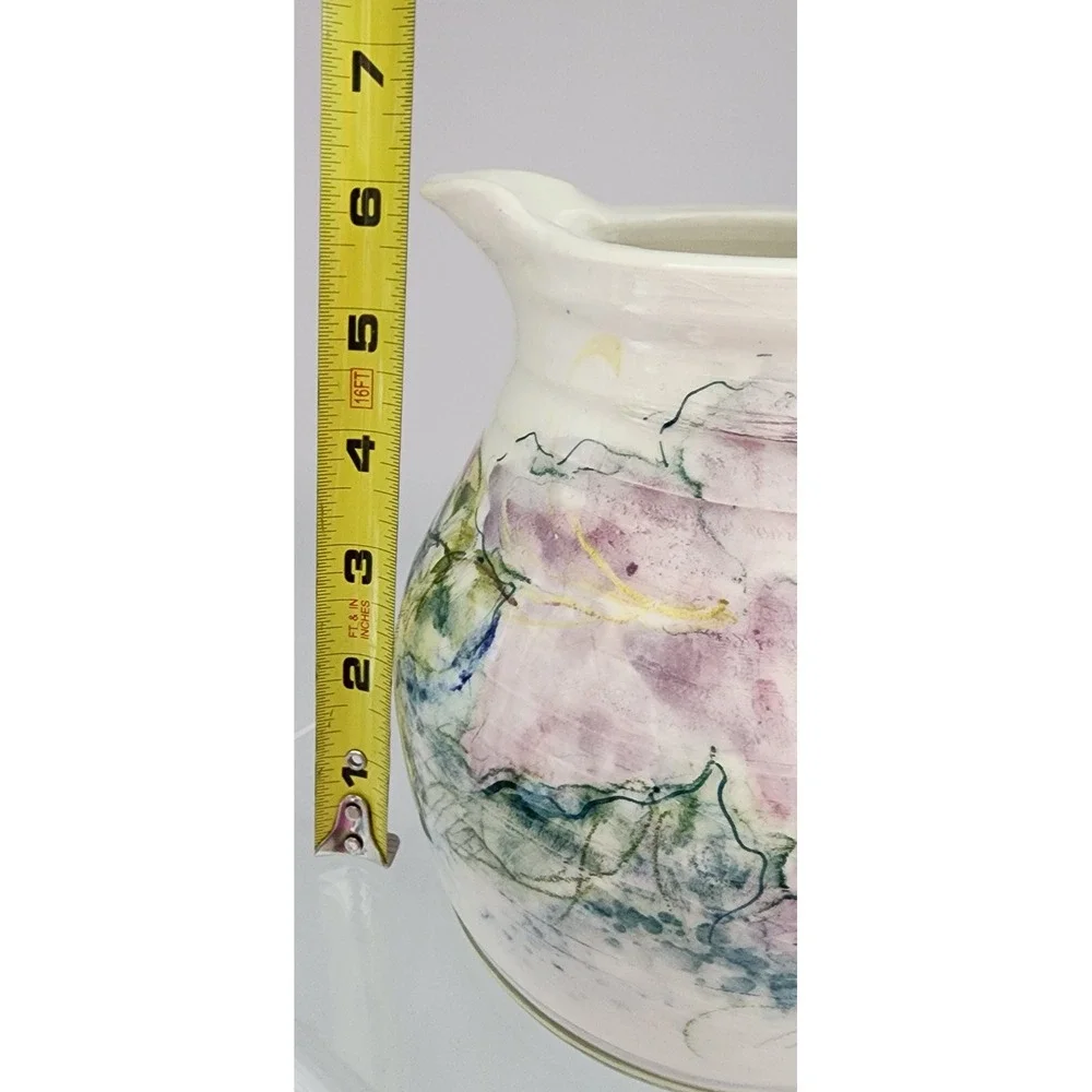 Studio Pottery Floral Pitcher Signed 1986 Cream Lavender Pink Excellent 6in